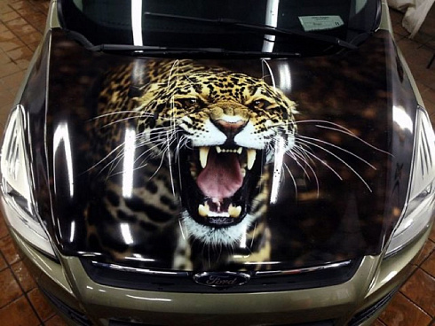 Леопард с открытой пастью на капоте