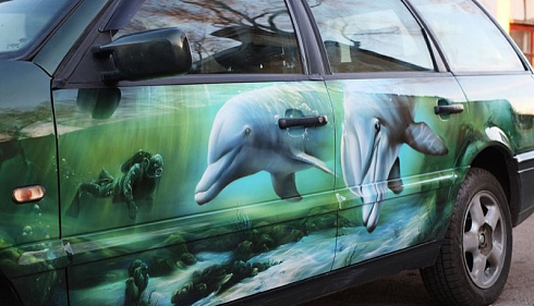Дельфины на двери авто рисунок