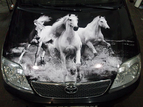 Винилография трех коней на капот машины виниловые наклейки