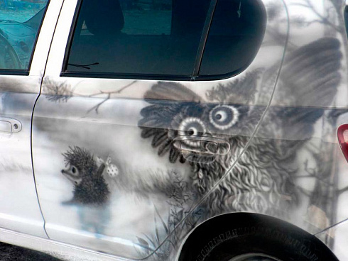 Изображение совы на двери авто аэрография